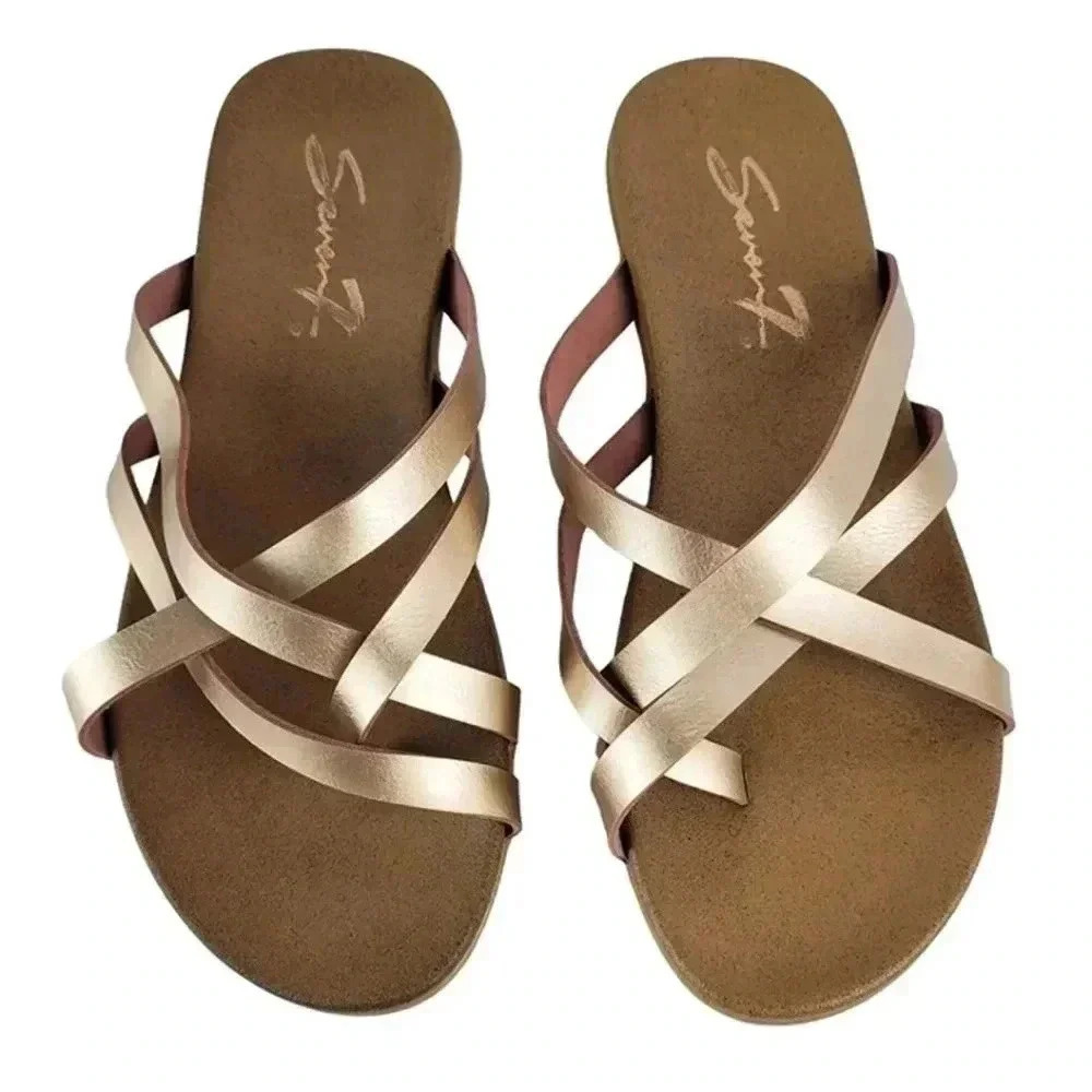 Seven7 Leather  Strap Thong Summer Sandal Champagne &Cork &Rubbler Sole sz 6US